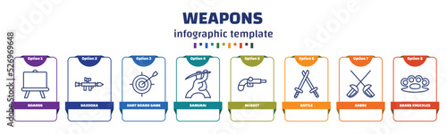 infographic template with icons and 8 options or steps. infographic for weapons concept. included boards, bazooka, dart board game, samurai, musket, battle, sabre, brass knuckles icons.