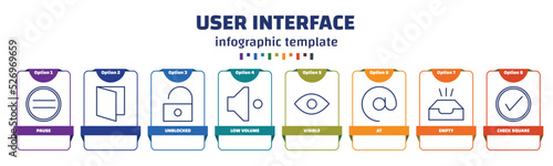 infographic template with icons and 8 options or steps. infographic for user interface concept. included pause, , unblocked, low volume, visible, at, empty, check square icons.