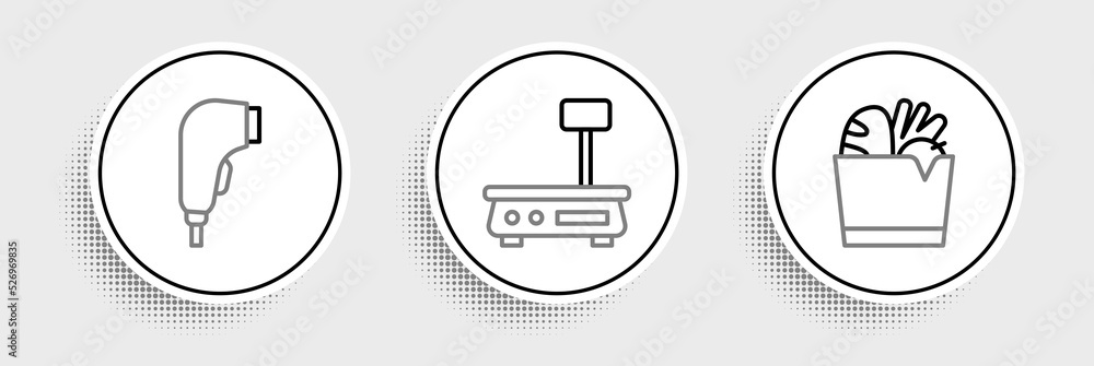 Set line Shopping bag and food, Scanner scanning bar code and Electronic scales icon. Vector Set line Shopping bag and food, Scanner scanning bar code and Electronic scales icon. Vector