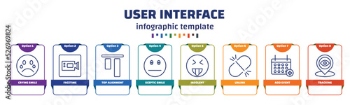 infographic template with icons and 8 options or steps. infographic for user interface concept. included crying smile, facetime, top alignment, sceptic smile, insolent, unlink, add event, tracking