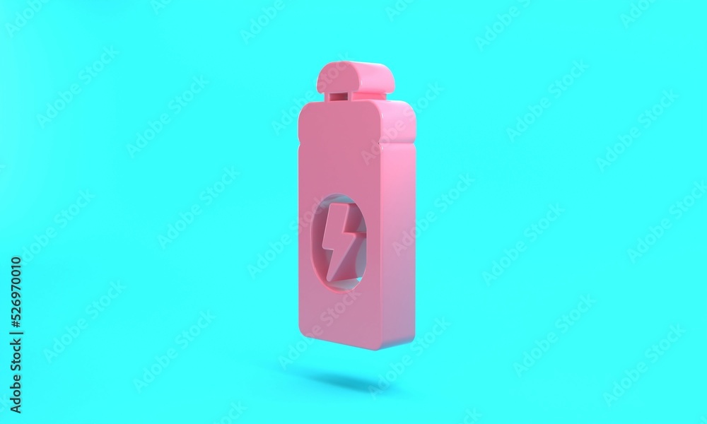 Pink Fitness shaker icon isolated on turquoise blue background. Sports shaker bottle with lid for water and protein cocktails. Minimalism concept. 3D render illustration Pink Fitness shaker icon isolated on turquoise blue background. Sports shaker bottle with lid for water and protein cocktails. Minimalism concept. 3D render illustration