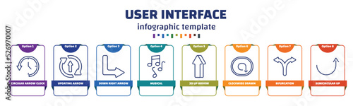 infographic template with icons and 8 options or steps. infographic for user interface concept. included circular arrow clock, updating arrow, down right arrow, musical, 3d up clockwise drawn
