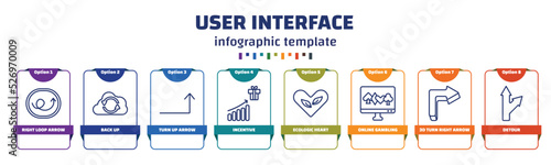 infographic template with icons and 8 options or steps. infographic for user interface concept. included right loop arrow, back up, turn up arrow, incentive, ecologic heart, online gambling, 3d turn