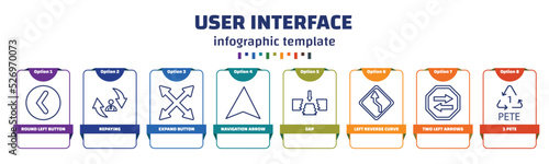 infographic template with icons and 8 options or steps. infographic for user interface concept. included round left button, repaying, expand button, navigation arrow, gap, left reverse curve, two