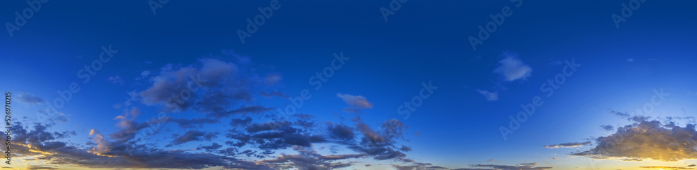 Seamless hdri panorama 360 degrees angle view blue pink evening sky with beautiful clouds before sunset with zenith for use in 3d graphics or game development as sky dome or edit drone shot