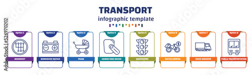 infographic template with icons and 8 options or steps. infographic for transport concept. included gearshift, workshop repair, pram, hands free device, semaphore, bicycle rental, road sweeper,