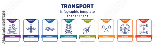 infographic template with icons and 8 options or steps. infographic for transport concept. included galleon, movement, formula 1, diesel train, flights, stability, steering, chassis icons.