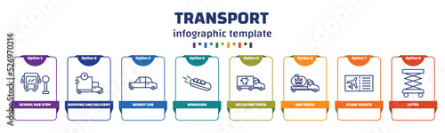 infographic template with icons and 8 options or steps. infographic for transport concept. included school bus stop, shipping and delivery, midget car, bobsleigh, recycling truck, gas truck, plane