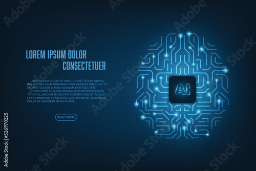 Vector brain microchip CPU circuit board blue light artificial intelligence concept. Technology abstract background.