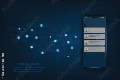 Vector mobilephone mockup witch messege bubble and icon. Communication and social media concept. Technology connecting abstract background.