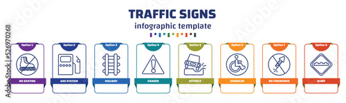 infographic template with icons and 8 options or steps. infographic for traffic signs concept. included no skating, gas station, railway, danger, pothole, handicap, no fireworks, bump icons.