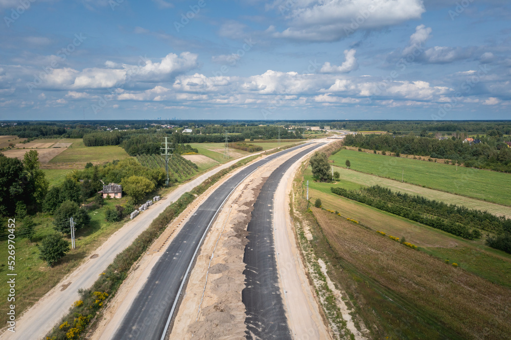 Drone photo of building site of express road S7, view in Ruda village near Tarczyn, Poland