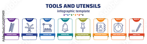 infographic template with icons and 8 options or steps. infographic for tools and utensils concept. included hanging ladder, windmills, packing hine, hanging bell, tack save button, telephone