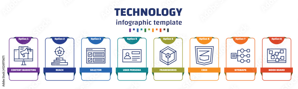 infographic template with icons and 8 options or steps. infographic for technology concept. included content marketing, reach, selector, user persona, frameworks, css3, sitemaps, mood board icons. - obrazy, fototapety, plakaty 