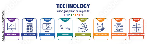 infographic template with icons and 8 options or steps. infographic for technology concept. included simple screen, basic calculator, digitate, recording, client, circular database, photograph