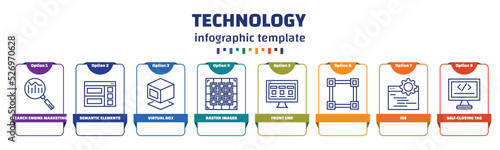 infographic template with icons and 8 options or steps. infographic for technology concept. included search engine marketing, semantic elements, virtual box, raster images, front end, , ide,