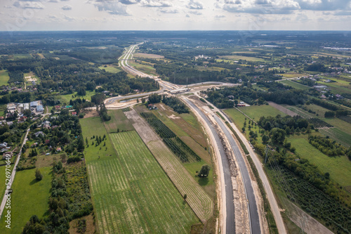 Drone view of building site of expressway S7, view in Ruda village near Tarczyn in Poland