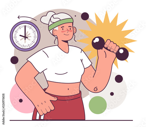 Senior woman doing fitness exercise with sport equipment. Old lady