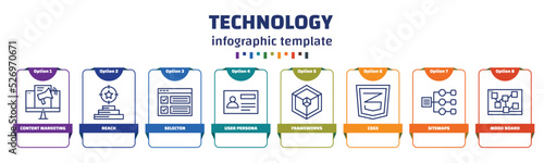 infographic template with icons and 8 options or steps. infographic for technology concept. included content marketing, reach, selector, user persona, frameworks, css3, sitemaps, mood board icons.