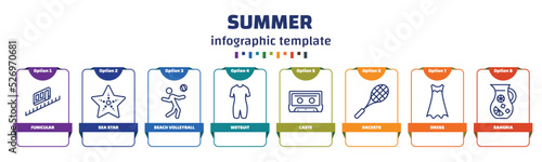 infographic template with icons and 8 options or steps. infographic for summer concept. included funicular, sea star, beach volleyball, wetsuit, caste, rackets, dress, sangria icons.