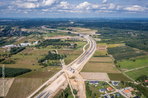 Drone photo of construction site of express road S7, view in Ruda village near Tarczyn city, Poland photo