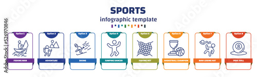 infographic template with icons and 8 options or steps. infographic for sports concept. included fishing man, adventure, skiing, jumping dancer, fishing net, basketball champion, man losing hat,