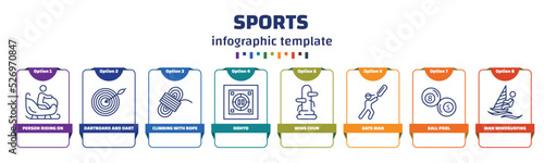 infographic template with icons and 8 options or steps. infographic for sports concept. included person riding on sleigh, dartboard and dart, climbing with rope, dohyo, wing chun, bats man, ball