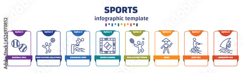 infographic template with icons and 8 options or steps. infographic for sports concept. included baseball ball, man playing volleyball, swimming jump, board gaming, man playing tennis, sesei, surf