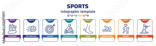 infographic template with icons and 8 options or steps. infographic for sports concept. included flying shoes, volleyball ball, bullseye, motorbike riding, ankle, swimming figure, trekking, biathlon