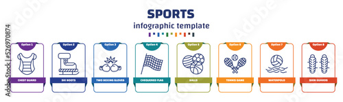 infographic template with icons and 8 options or steps. infographic for sports concept. included chest guard, ski boots, two boxing gloves, chequered flag, balls, tennis game, waterpolo, shin guards