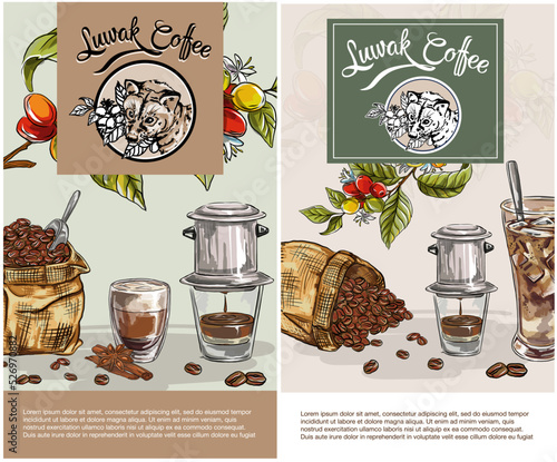 set of vertical banners for social media stories Traditional coffee template. Luwak coffee label vector for your brand label,cafe or shop.