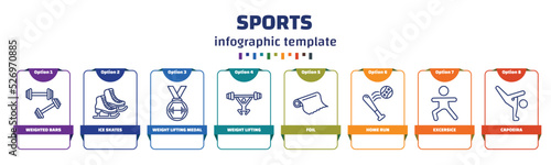 infographic template with icons and 8 options or steps. infographic for sports concept. included weighted bars, ice skates, weight lifting medal, weight lifting, foil, home run, excersice, capoeira