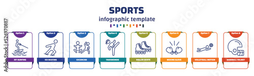 infographic template with icons and 8 options or steps. infographic for sports concept. included jet surfing, ice skating, excercise, taekwondo, roller skate, boxing glove, volleyball motion,