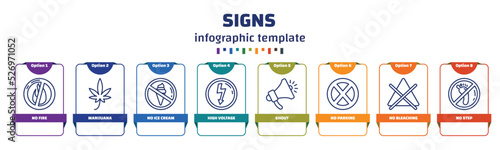 infographic template with icons and 8 options or steps. infographic for signs concept. included no fire, marijuana, no ice cream, high voltage, shout, no parking, bleaching, step icons.