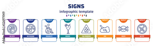 infographic template with icons and 8 options or steps. infographic for signs concept. included no pets, no packing, disability, drinks, fire warning, co2, death, no cut icons.