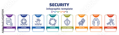 infographic template with icons and 8 options or steps. infographic for security concept. included locked file, life saver, drowning, lifesaving, security warning, safety car, boxing helmet, police