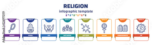infographic template with icons and 8 options or steps. infographic for religion concept. included rosary, hamsa, god, last supper, holy star, gticism, commandments, om icons.