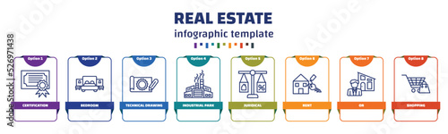 infographic template with icons and 8 options or steps. infographic for real estate concept. included certification, bedroom, technical drawing, industrial park, juridical, rent, or, shopping icons.