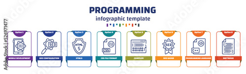 infographic template with icons and 8 options or steps. infographic for programming concept. included mobile development, seo configuration, html5, css file format, compiler, seo badge, programming