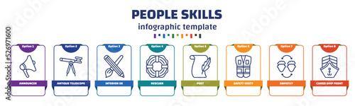 infographic template with icons and 8 options or steps. infographic for people skills concept. included announcer, antique telescope, interior de, rescuer, poet, safety vesty, empathy, cargo ship