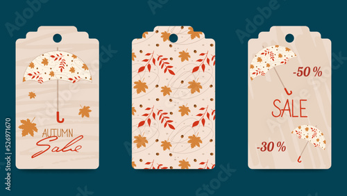 Set of abstract autumn gift tags. Umbrellas, leaves, strokes, isolated elements. Seasonal label templates for printing. For Thanksgiving, birthday, Christmas gifts. Vector