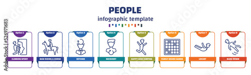 infographic template with icons and 8 options or steps. infographic for people concept. included climbing sport, man riding a horse, rethink, recovery, happy man jumping, family board games, locust,