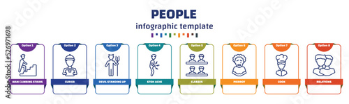 infographic template with icons and 8 options or steps. infographic for people concept. included man climbing stairs, curier, devil standing up, stoh ache, classes, pierrot, cook, relations icons.