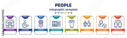 infographic template with icons and 8 options or steps. infographic for people concept. included vitruvian man, handicapped, bohemian, identification ard, takbir, old couple, delivery woman, lesbian