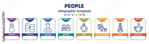 infographic template with icons and 8 options or steps. infographic for people concept. included unknown, argentina, male user, brothers, elder, man girl and dog, princes, baby diaper icons.