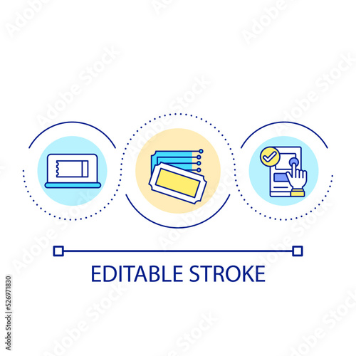 Buy tickets online loop concept icon. Digital booking service. Mobile application for customers abstract idea thin line illustration. Isolated outline drawing. Editable stroke. Arial font used