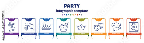 infographic template with icons and 8 options or steps. infographic for party concept. included jenga, blowing candle, skewer, cupcake with big cherry, king crown, theatre masks, two candies, dj