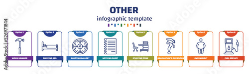 infographic template with icons and 8 options or steps. infographic for other concept. included work hammer, sleeping bed, shooting gallery, notepad sheet, studying zone, graduation's questions,