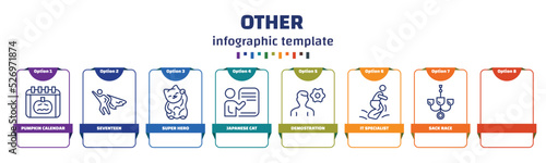 infographic template with icons and 8 options or steps. infographic for other concept. included pumpkin calendar, seventeen, super hero, japanese cat, demostration, it specialist, sack race,
