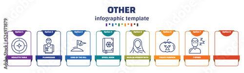 infographic template with icons and 8 options or steps. infographic for other concept. included roulette table, plumbering, king of the hill, speell book, muslim woman with hijab, pirate pumpkin, 7